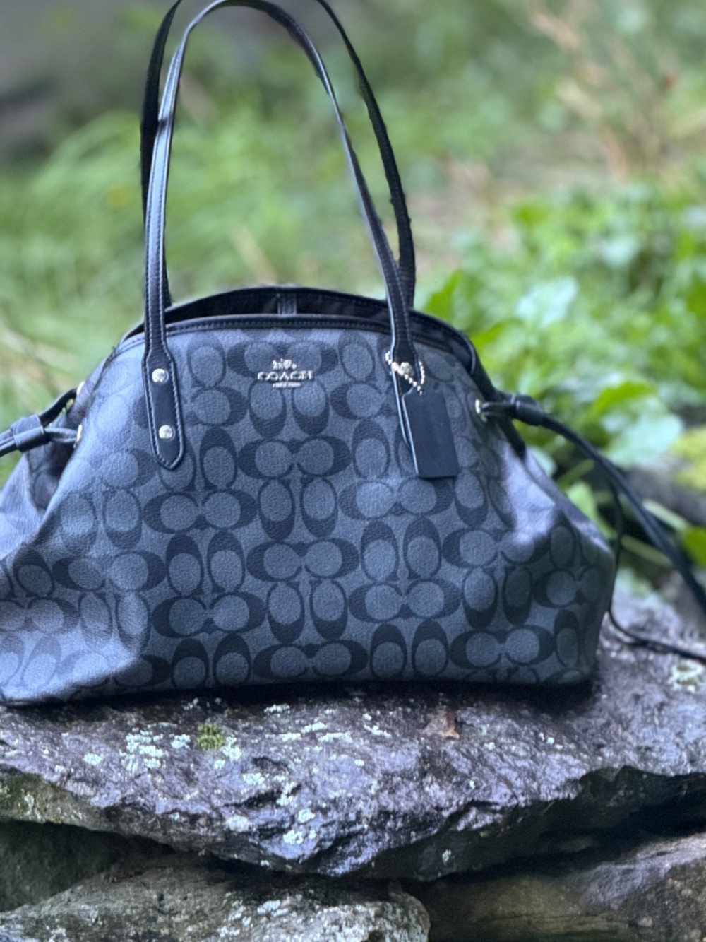 Coach Signature Canvas Large Carryall Tote Black Gray Leather Shoulder Bag